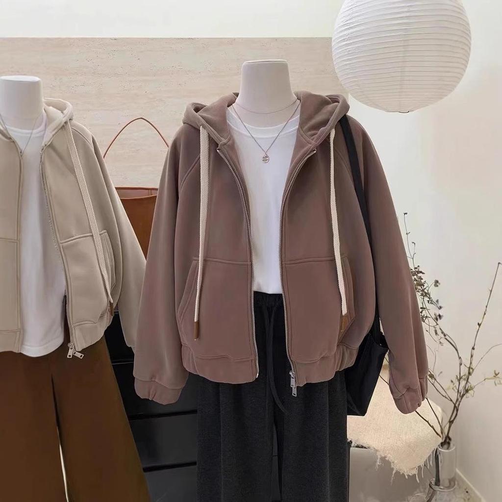 Women's Vintage Fleece-Lined Zip-Up Sweatshirt with Heart Embroidery, Double Zipper, Thick Hood, Loose Fit