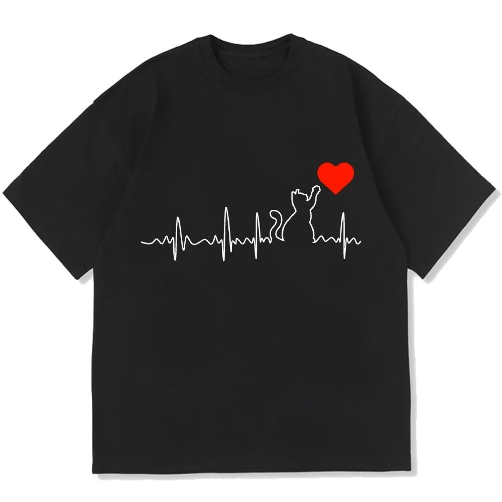 Fashion Cat Heartbeats Printed Cotton casual T-shirt Unisex Short Sleeve Round Neck Valentine's Day Couple Tees Tops
