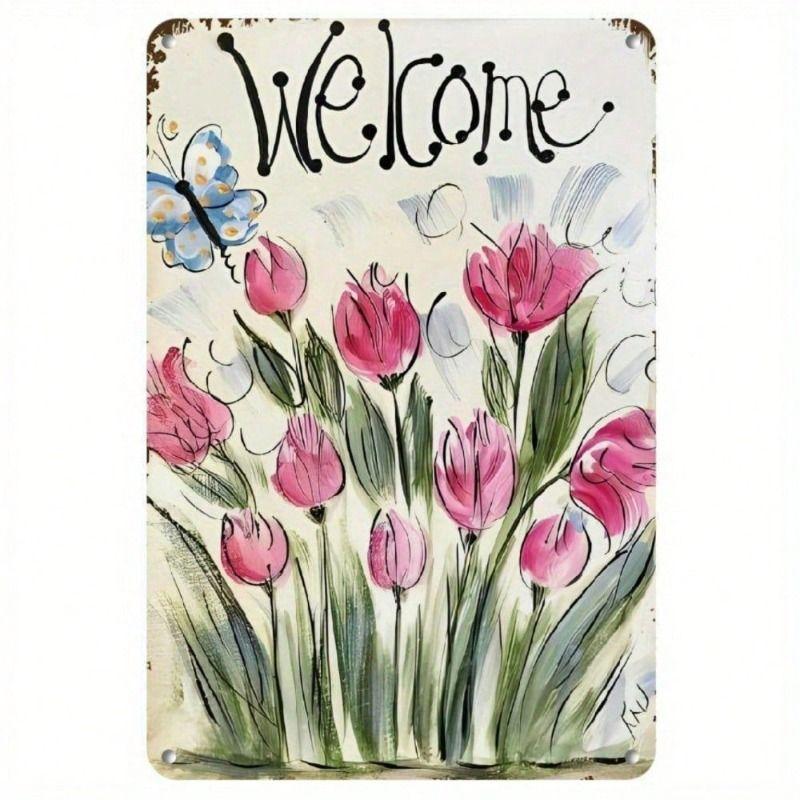 Metal Poster Tulips Butterflies 2D Flat Art Retro Vintage Wall Decor for Living Room
