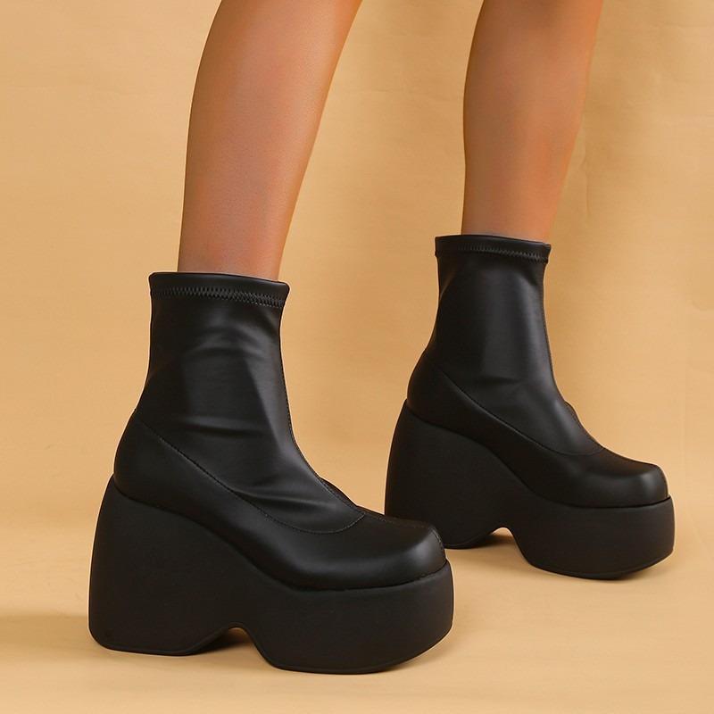 Autumn and winter new round head thick-soled knight boots women's small slim muffin wedge heel long Martin boots