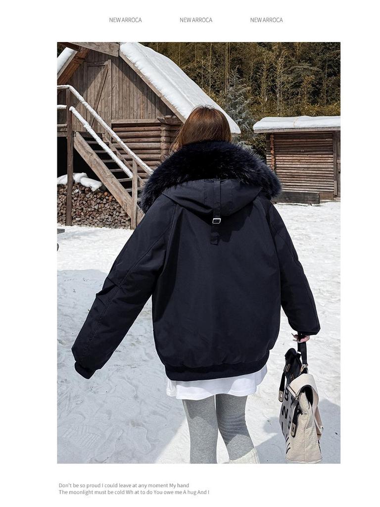 Women's Winter Hooded Cotton-Padded Parka with Stand-Up Collar and Badge Design