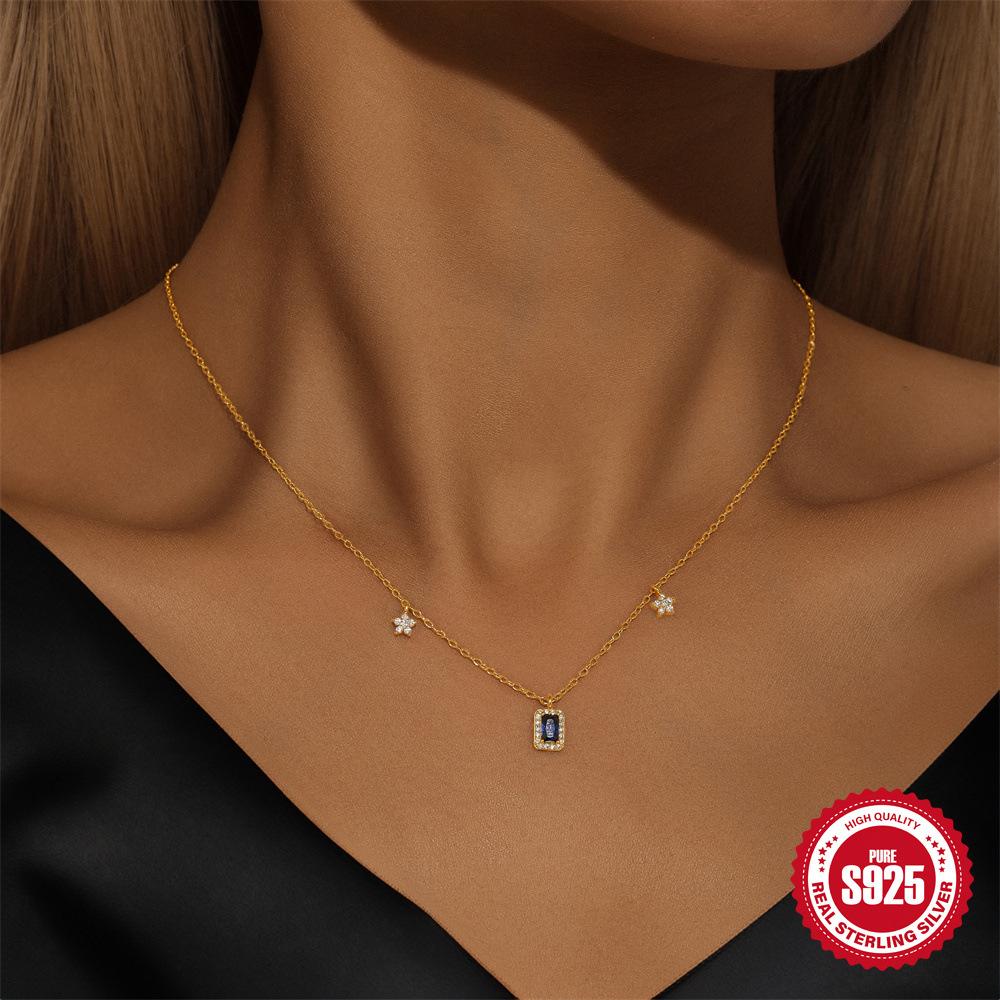 Élégant Simple S925 Argent Sterling Saphir Diamant Ensemble Fleurs Géométriques Empilées Collier Clavicule Polyvalent pour Femme