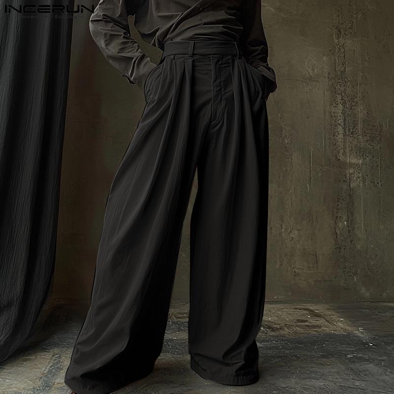 INCERUN Men Zip-up High Waist Casual Long Wide Legs Pants Trousers