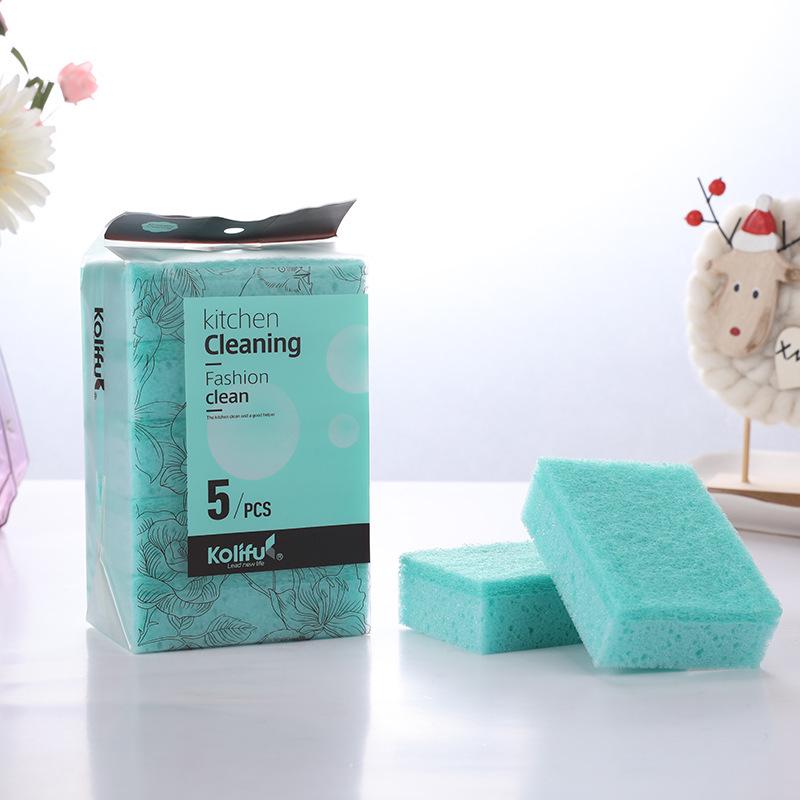 5-Piece High-Quality Double-Sided Dishwashing Sponges & Scouring Pads for Dish and Pot Scrubbing, English Packaging.