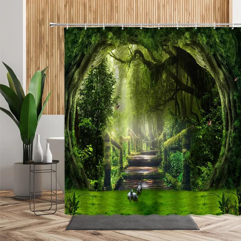 unframed Tropical Forest Shower Curtain, Nature Scenery Green Tundra Forest Waterfall River Animal Bridge, Bathroom Decorative