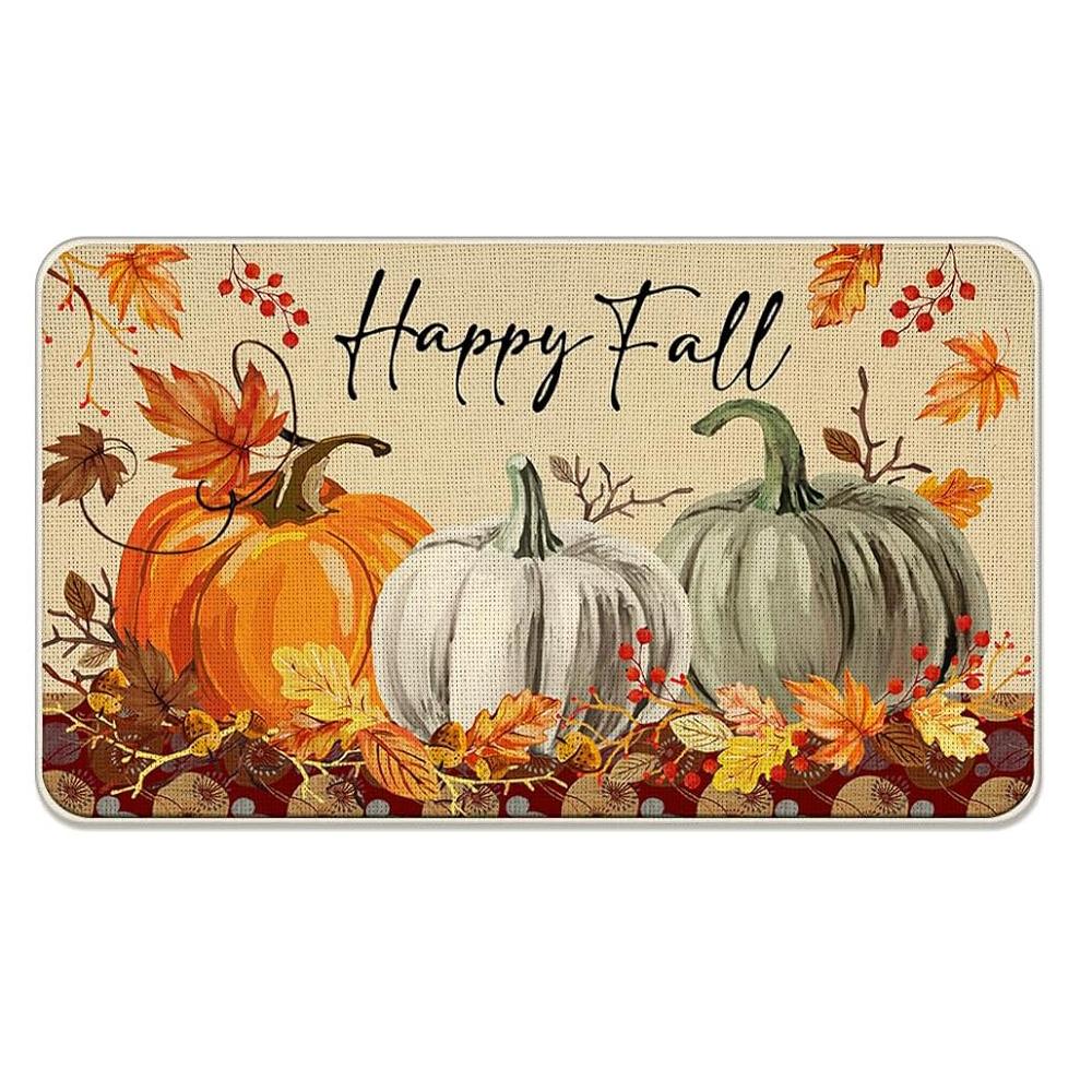 Fall Pumpkin Kitchen Mats Autumn Maple Leaf Entrance Welcome Doormat Living Room Balcony Hallway Laundry Room Non-slip Rug Decor