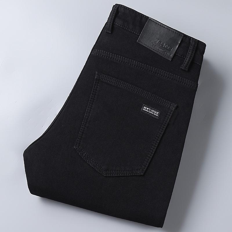 Winter Pure Black Fleece Thick Warm Jeans Men's Slim Straight Elastic Denim Pants Casual Male Clothing Fashion Plush Trousers