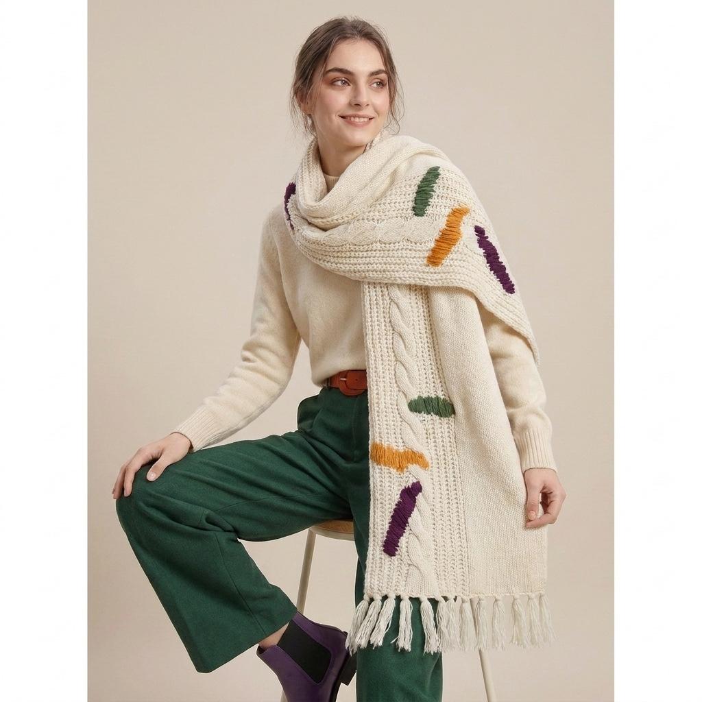 Literary and artistic color block jacquard knitted scarf women's autumn and winter new warm versatile wool scarf export