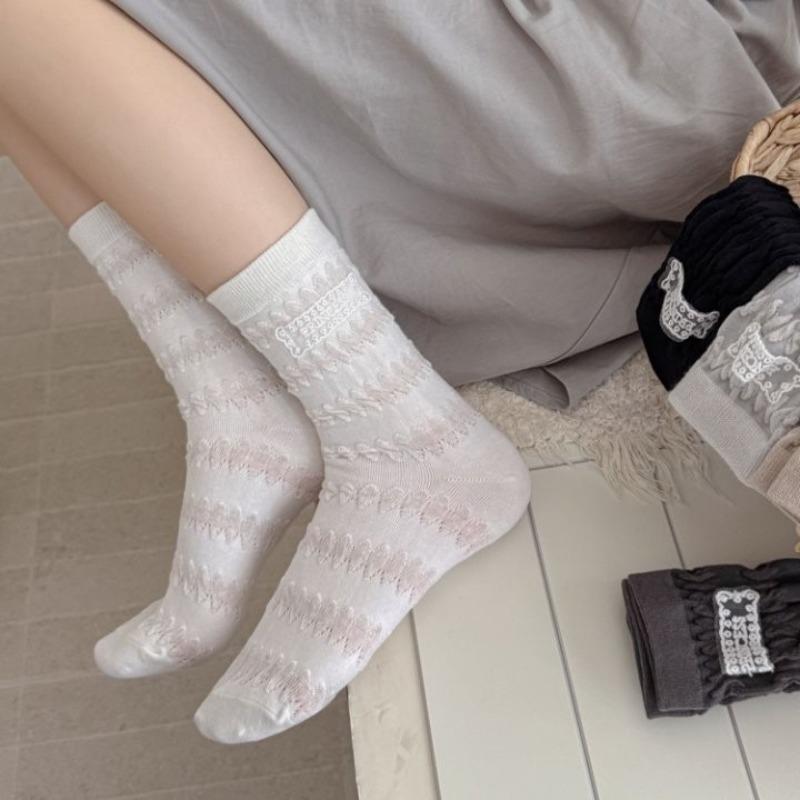 Lace Fabric Label Pleated Bubble Mid-calf Socks, Women's Three-dimensional Trendy Socks, College Style Pile Socks