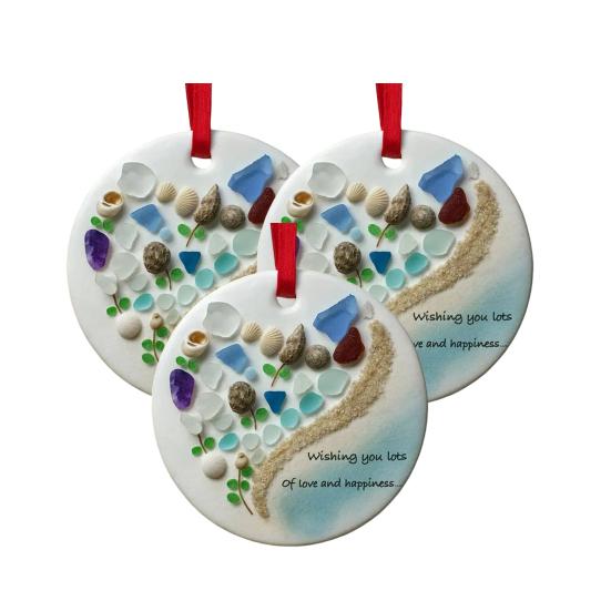 Wishing You Lots of Love And Happiness Sea Glass Ornament Handcrafted Round/Heart-Shaped Sea Glass Keepsake Christmas Tree Hanging Ornament