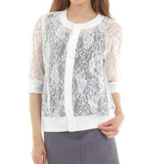 Sarah Rose Lace Sleeve Floral Print Knit Summer Cardigan with Button Front and Women's Cardigan, 5/8 See-Through U-Neck (XL, White)
