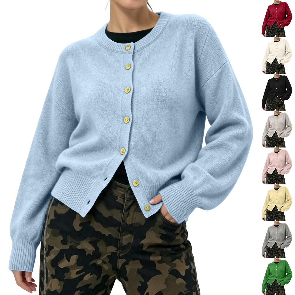 Women's Color Single Breasted Long Sleeve Round Neck Casual Knit Cardigan