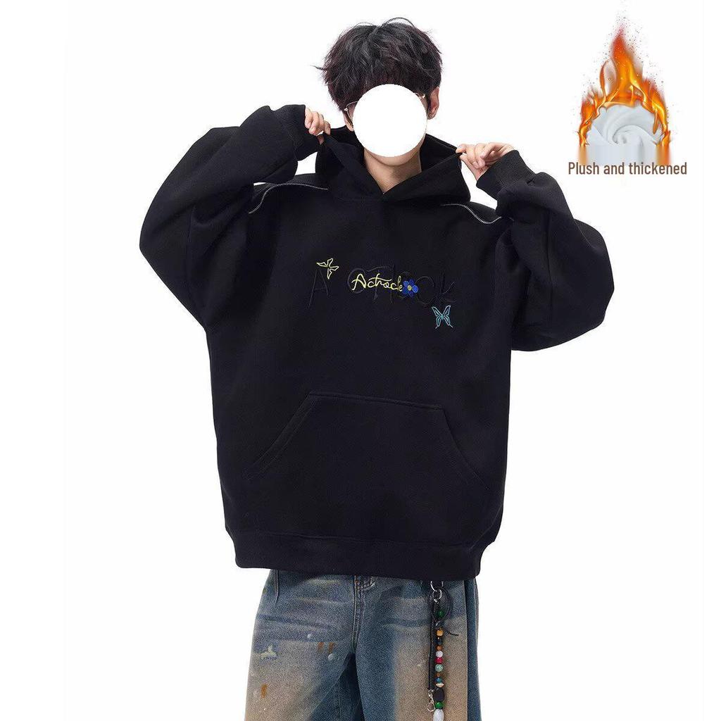 Men's Autumn/Winter American Letter Embroidered Hooded Sweatshirt - Loose Fit, Plus Velvet, Thickened Heavyweight Casual Hoodie Jacket