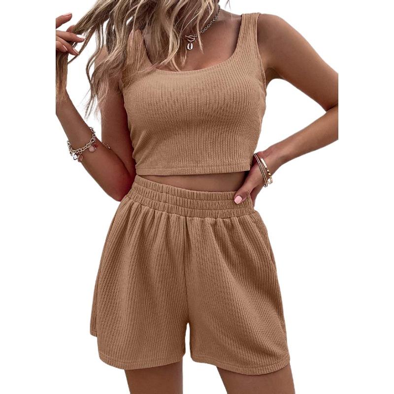 Damen Zweiteiler Sommer Strick Ärmelloses Crop Top und High Waist Kurze Lounge Sets
