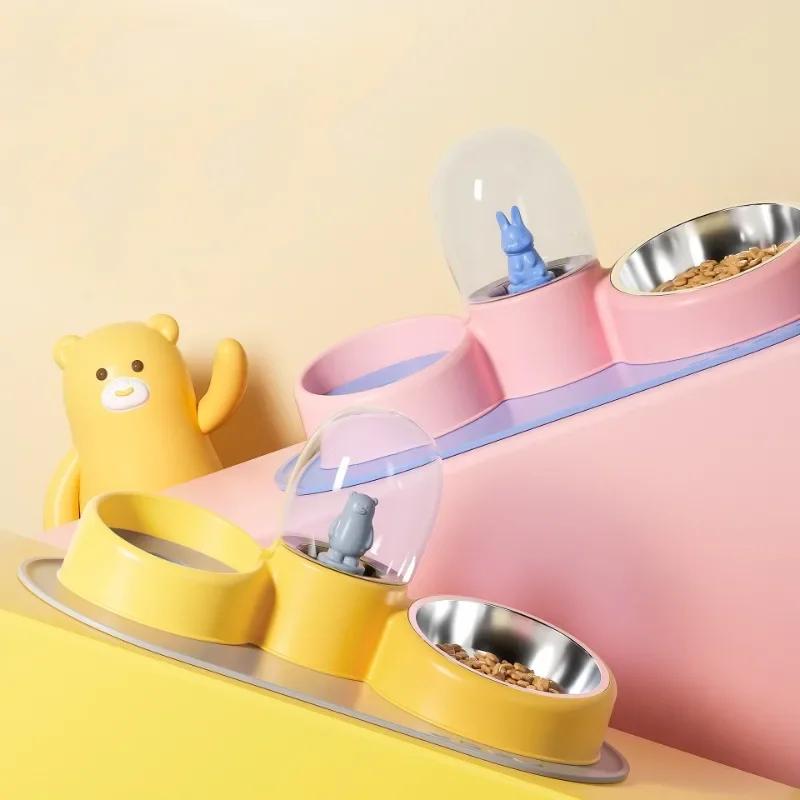 New Dog  Cat Bowl Double Bowl Cat Automatic Feeder Dog Bowl Stainless Steel  Pet Water Dispenser Pet Supplies