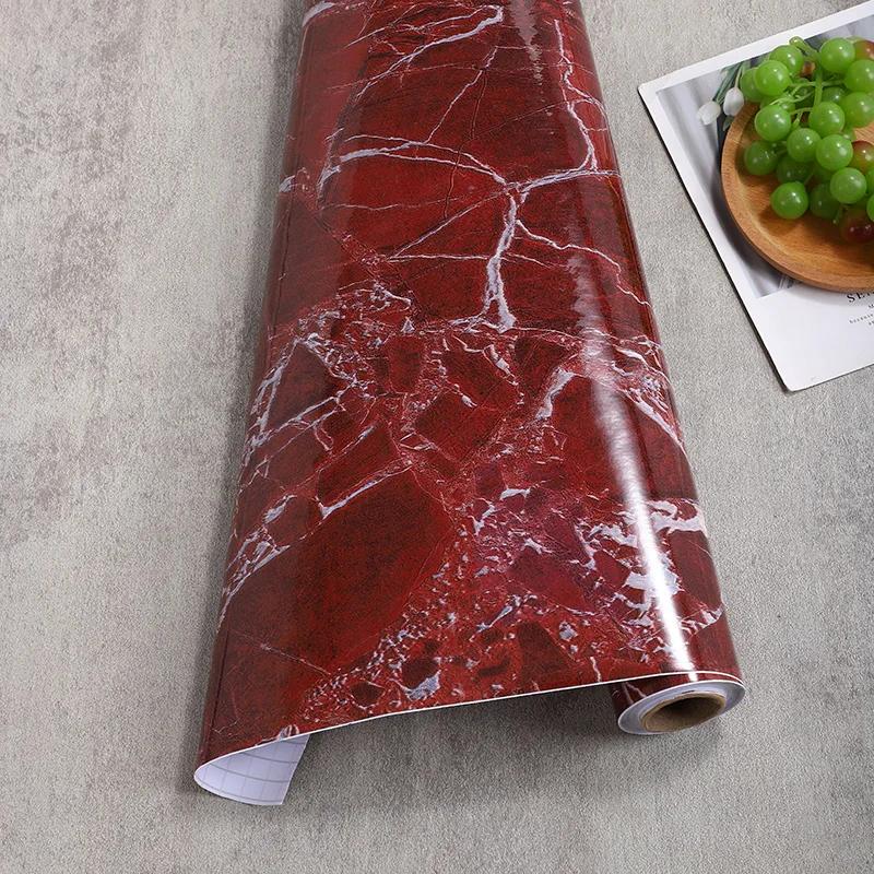 Papel de contacto decorativo de vinilo autoadhesivo de PVC con efecto mármol rojo, repelente al agua, para baños, cocinas, armarios y encimeras.
