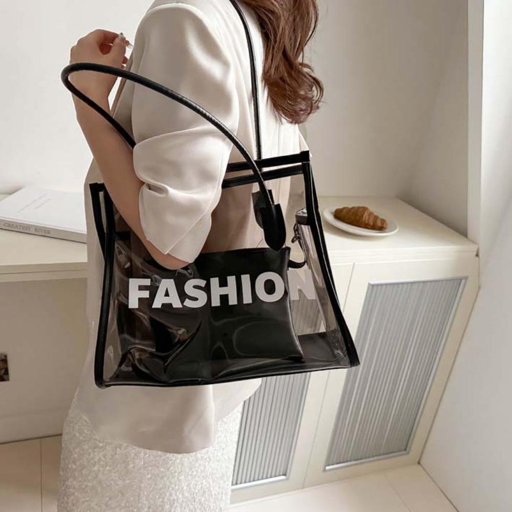 2pcs/set Fashion Transparent Jelly Bag PU Leather PVC Composite Tote Bags Clear PVC Handbag Party