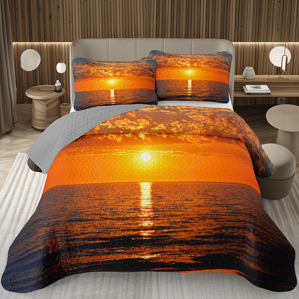 Sunset Scenery Bedspread Queen/Full Natural Landscape Quilted Coverlet 2/3Pcs Reversible Grey Bedding Set for Boy Girl Room Dorm