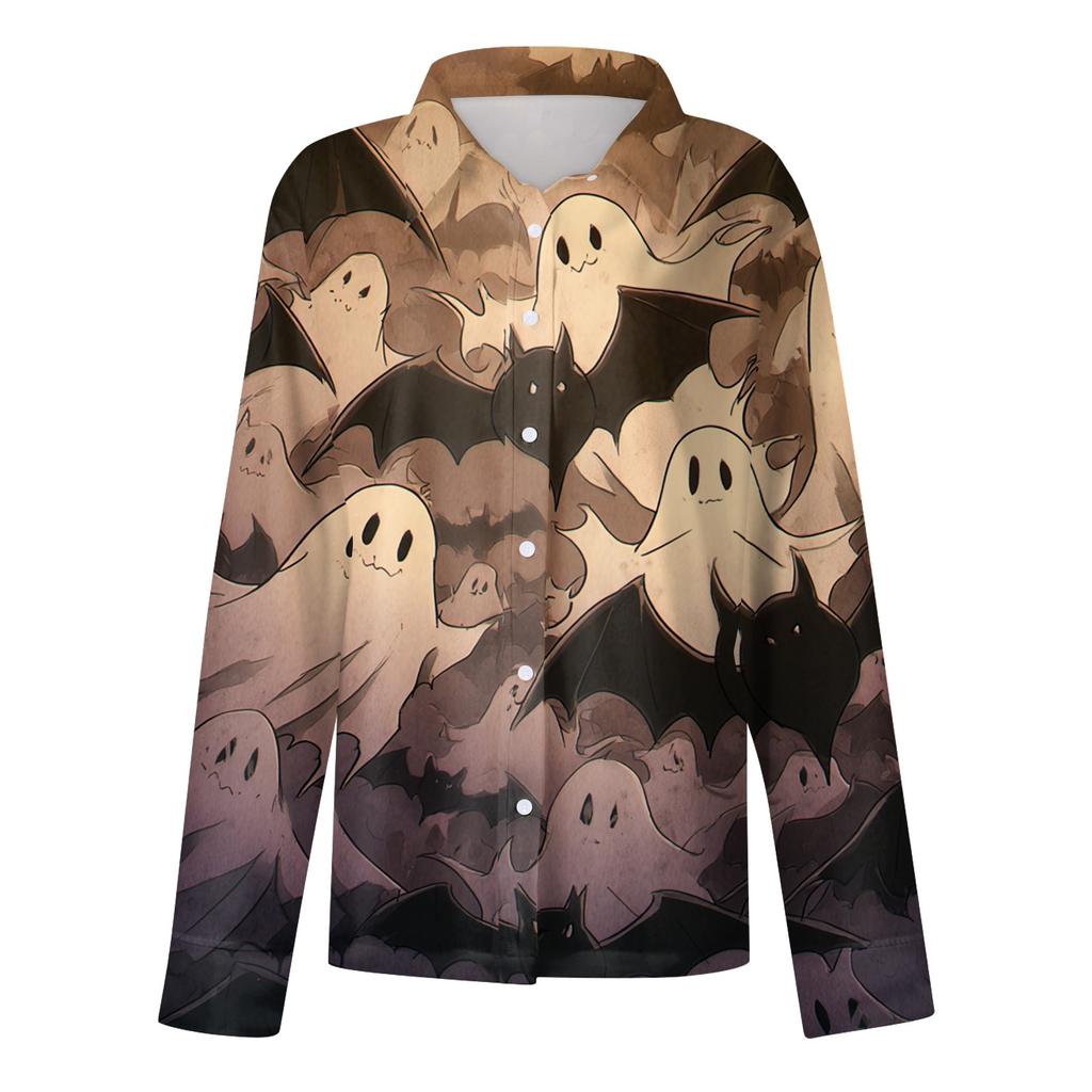 Damen Halloween Bedrucktes Lässiges Halbgeöffneter Kragen Langarmhemd