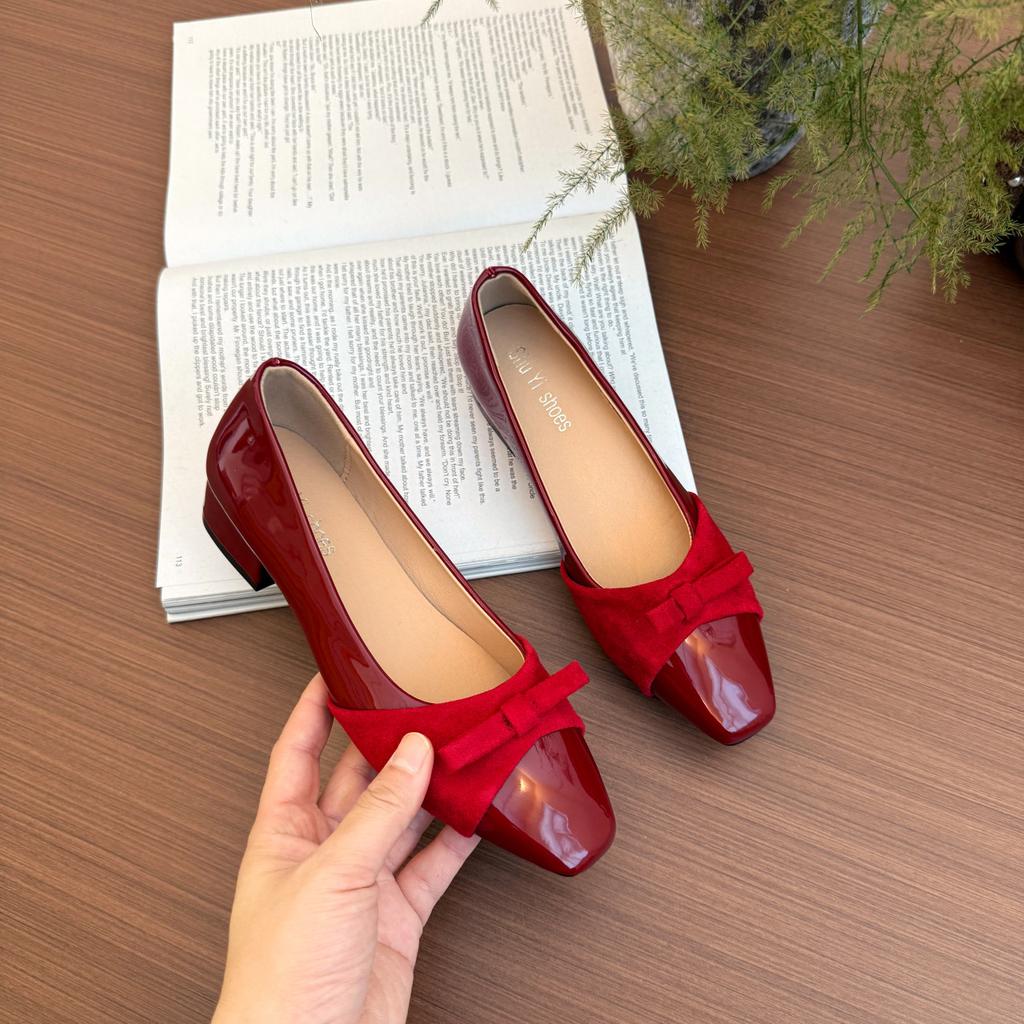 Gentle bow thick heel single shoes women's new square head color matching grandma ladyshoes