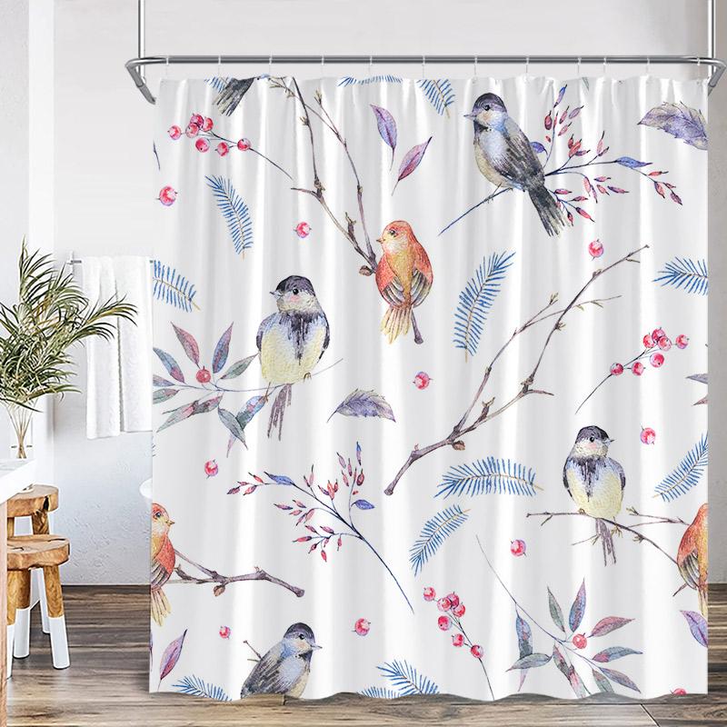 Colorful Bird Shower Curtain Green Leaves Birds On Tree Branch Bathroom Decorative Polyester Fabric Bath Curtains Set With Hooks