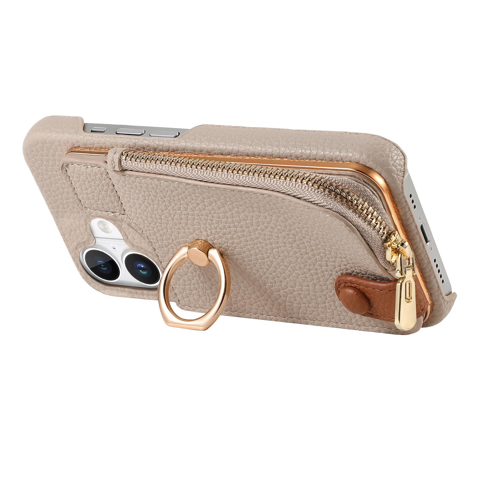 

Y3 For iPhone 16 Case Card Holder Kickstand Leather+TPU Phone Cover with Zipper Pocket Khaki