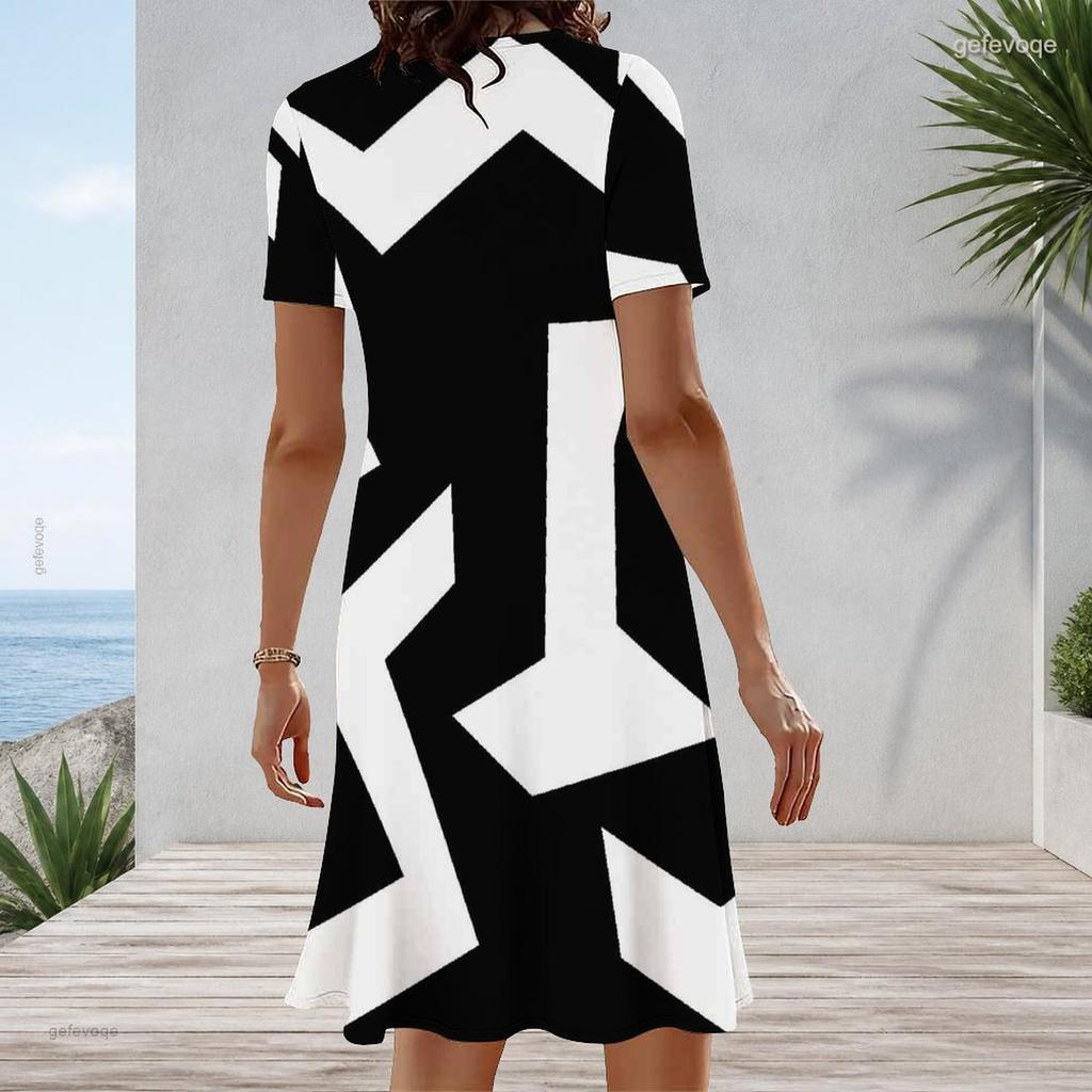 Women Plus Size Round Neck Short Sleeve Black White Printed A Line Dress