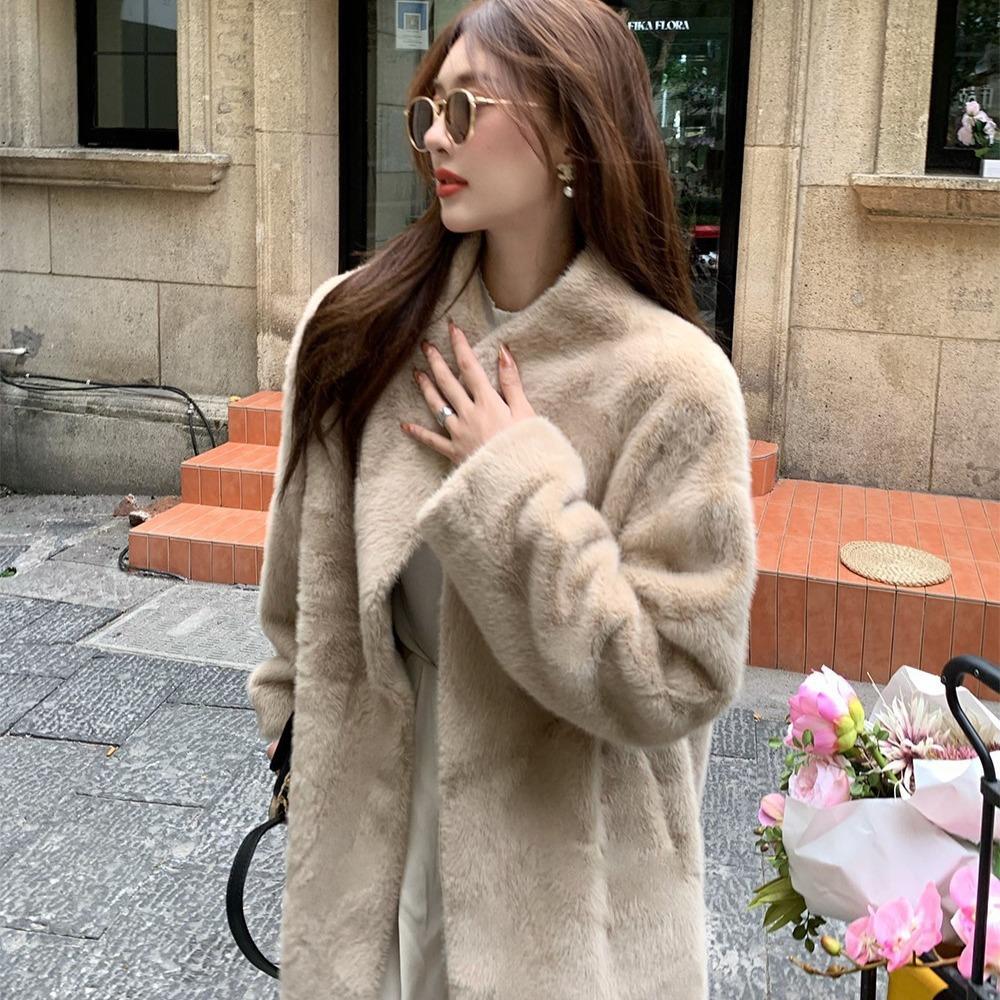 Young environmentally friendly fur temperament fur integrated coat women's mink fleece thickened long stand-up collar coat lazy style