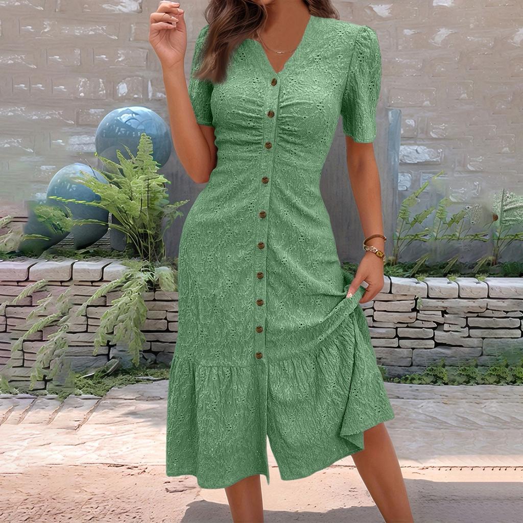 Women's Fashion Round Neck Short Sleeve Solid Color Button Dress