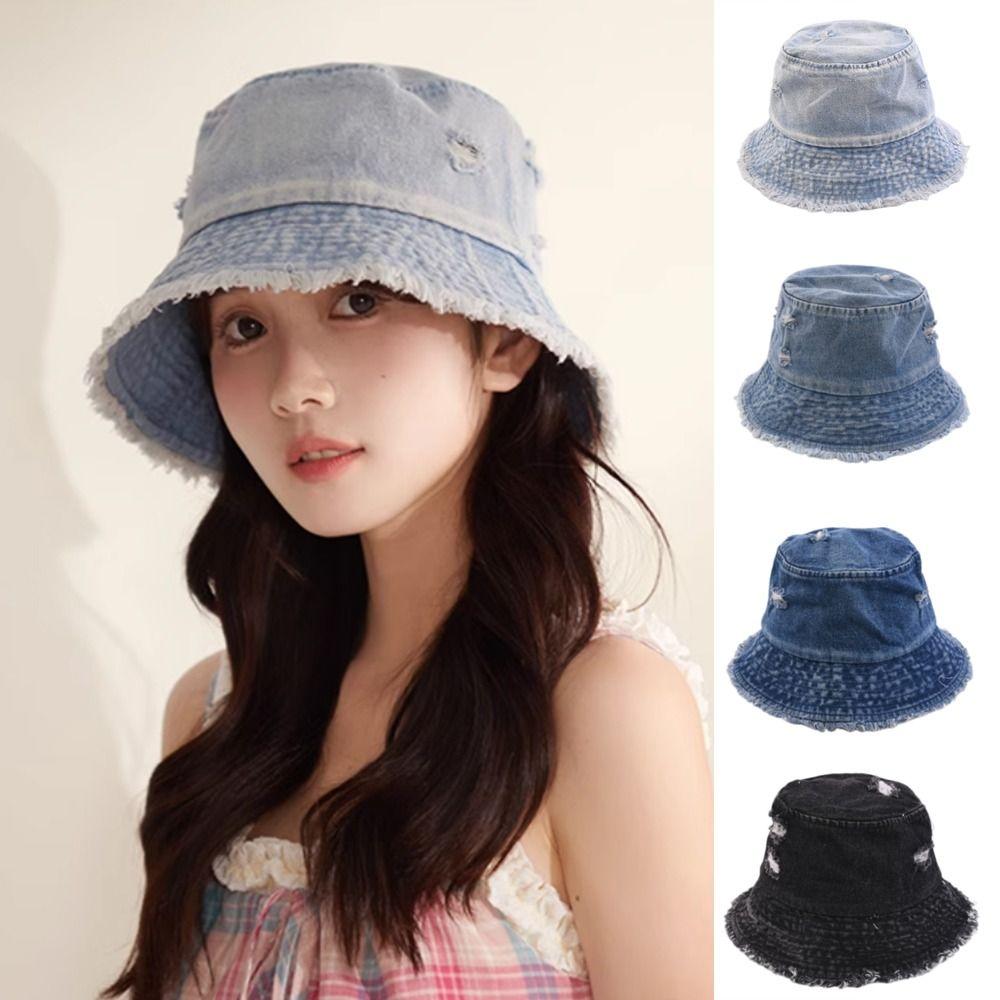 Washed Denim Denim Bucket Hat Large Brim Sun Protection Hat Personalized Basin Hat  Beach