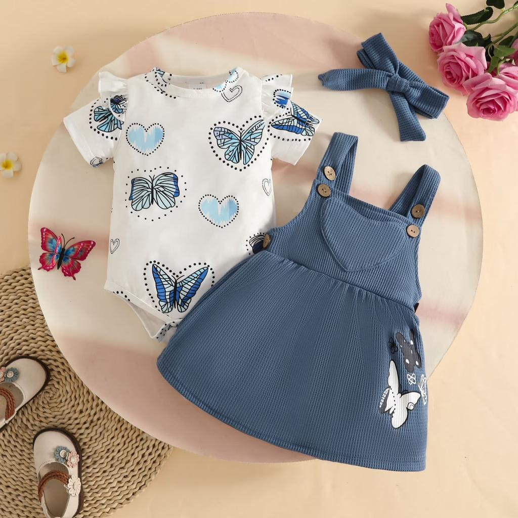 Summer Outfit Set Short Sleeve Butterfly Heart Bodysuit Corduroy Suspenders Skirt Headband