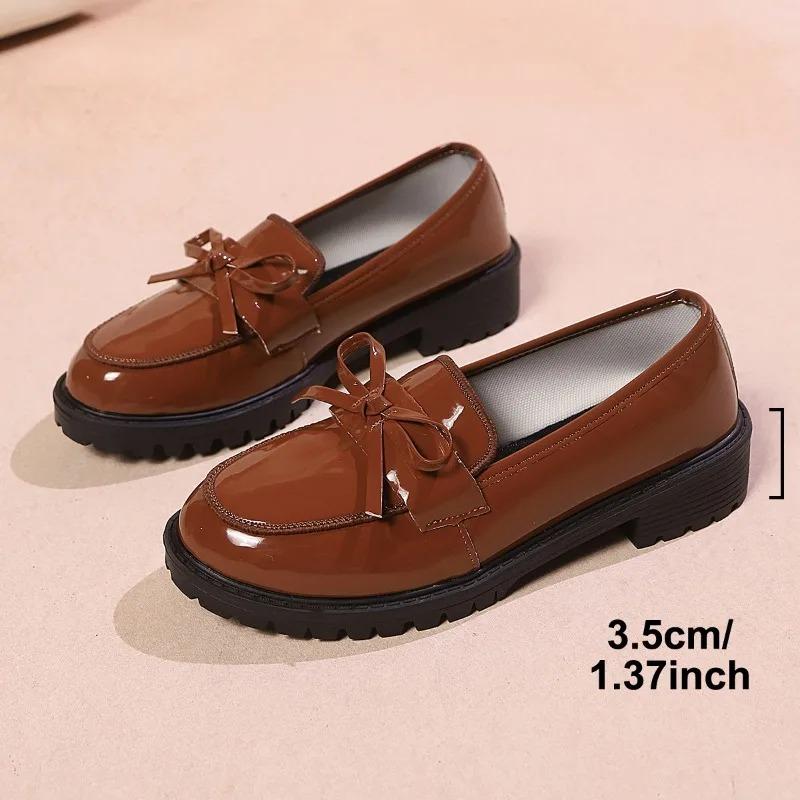 Womens Patent Leather Shoes Women Loafers British Tassel Casual Female Flat Shoes Bowknot Comfortable Small Leather Shoes