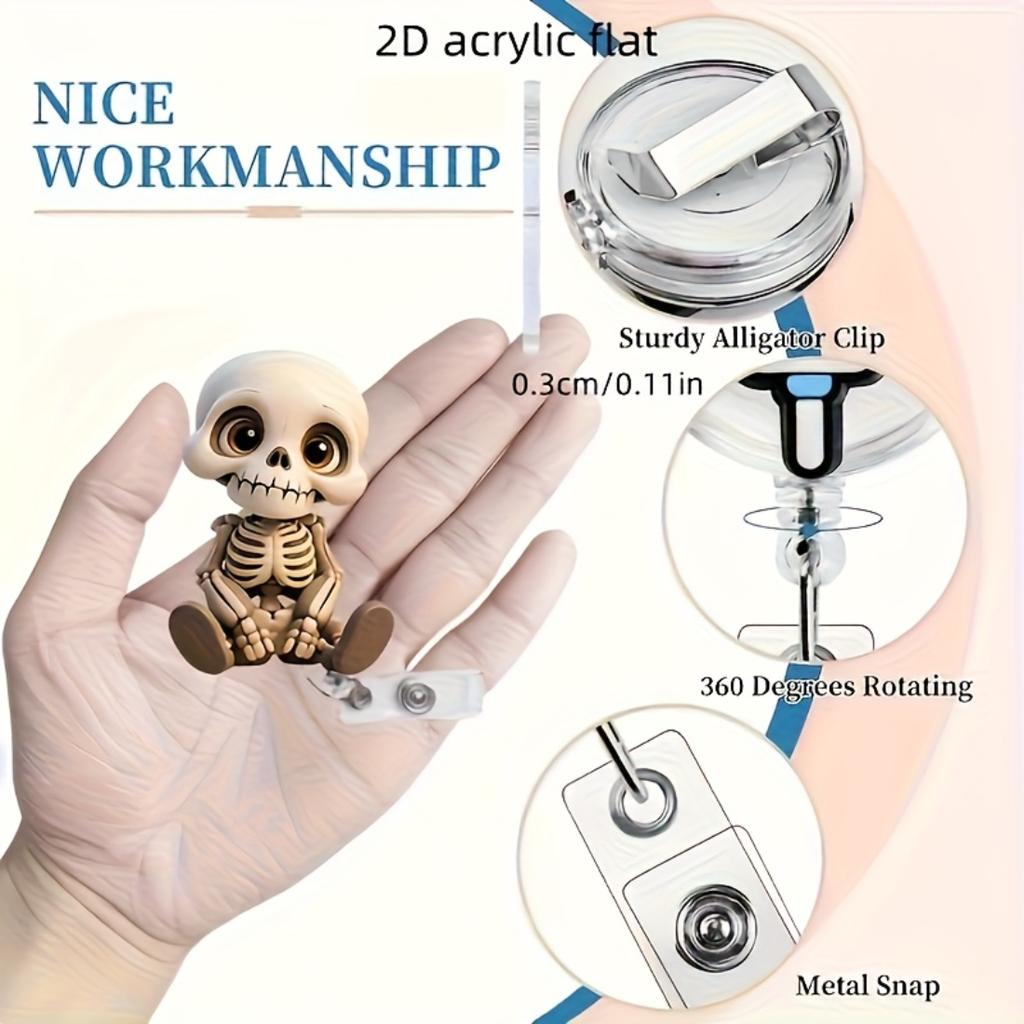 2D flacher morphing Totenkopf einziehbarer Ausweishalter, PMMA Acryl Ausweishalter für Krankenschwestern RN Pflegestudenten, Niedliches flaches Design Arbeitsausweis Lanyard