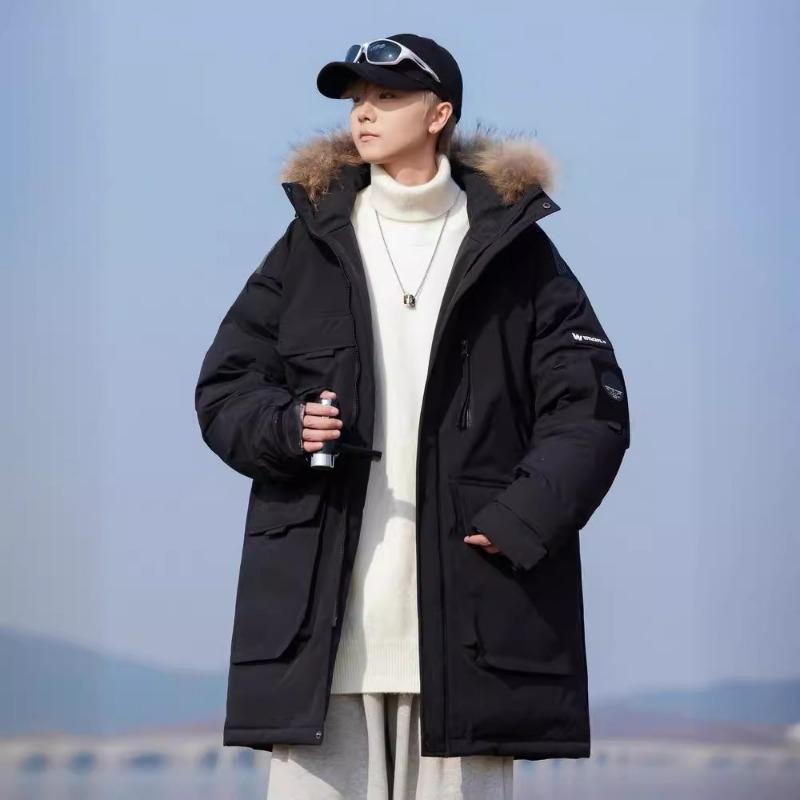 Down Jacket Men's Autumn and Winter Warm and Cold-proof Thickened Medium and Long Hooded Pie To Overcome Simple Fashion Loose Men's Coat
