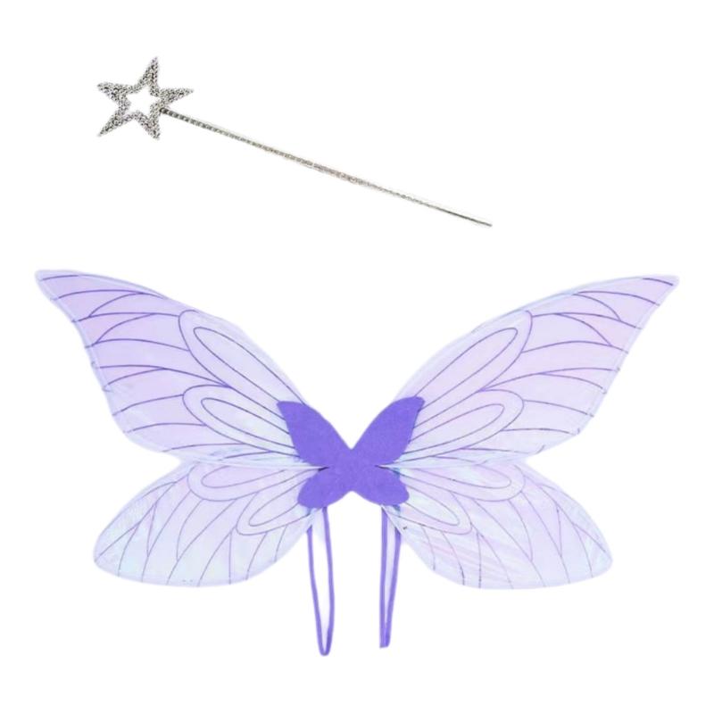 Butterfly Wing and Star Wand Set Cosplay Fairies Wing and Wand Butterfly Dress up Outfit for Girl Christmas Masquerades