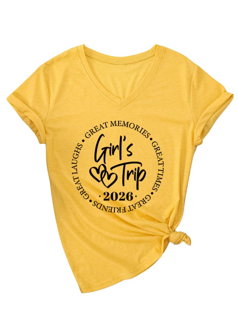 Casual and Comfortable Women's Girl's Trip Temperament V-neck Short-sleeved T-shirt