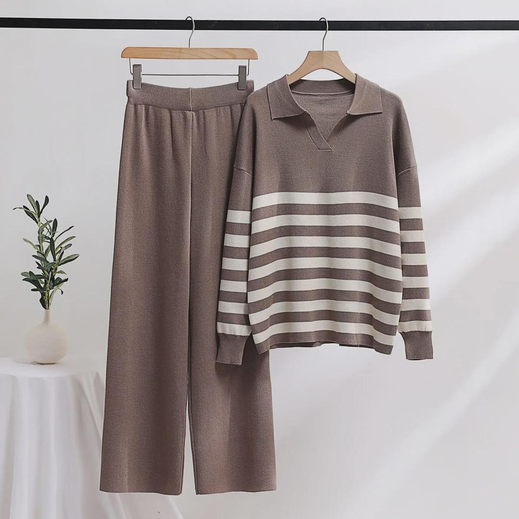 "2023 Women's Middle Eastern Striped Polo Collar Knitted Sweater and Loose Casual Fashion Two-piece Suit"