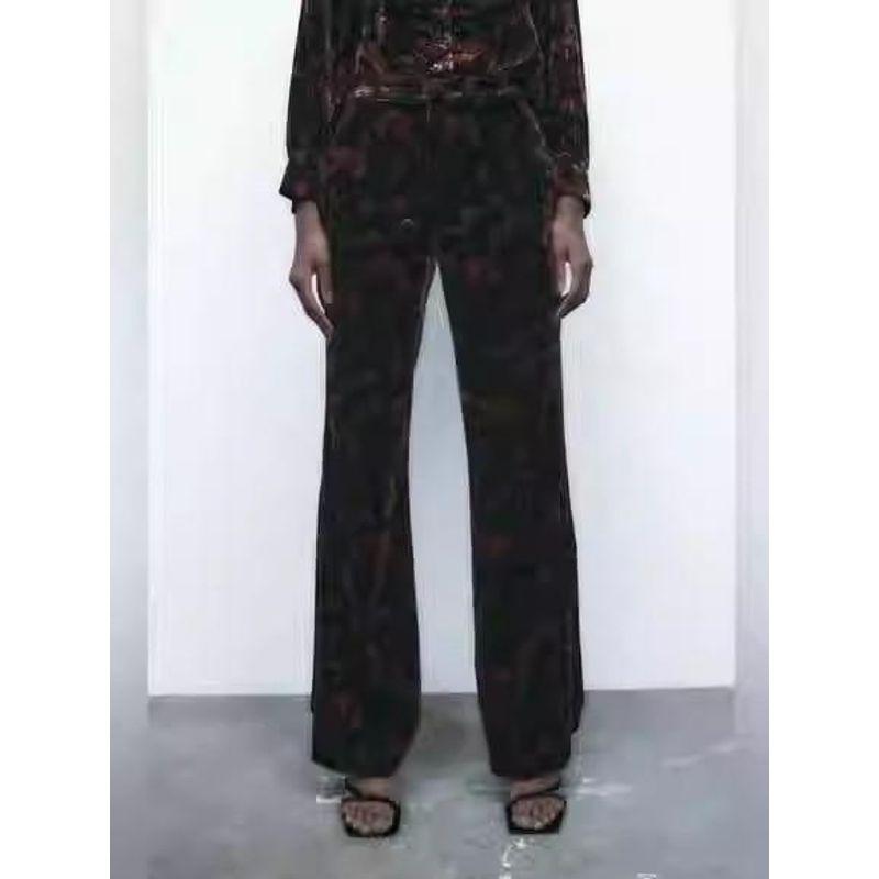 Export Single Za Home High Waist Slim Looking Commuter's All-Matching Velvet Exquisite Print Fashion Wide-Leg Stylish New Arrival Pants Women