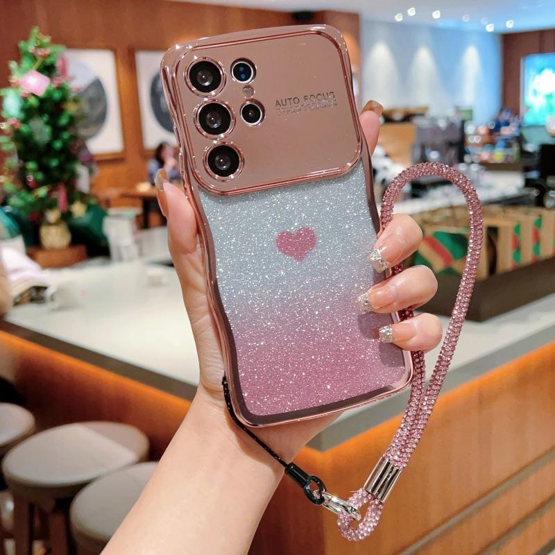 Electroplating wave large window is suitable for Samsung S25 mobile phone case GalaxyS24 love glitter lanyard protective case