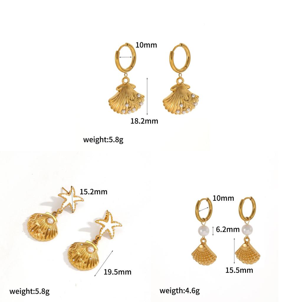 Brincos Série Oceano de Conchas e Cavalos-marinhos em Aço Inoxidável com Banhos de Ouro para Mulheres