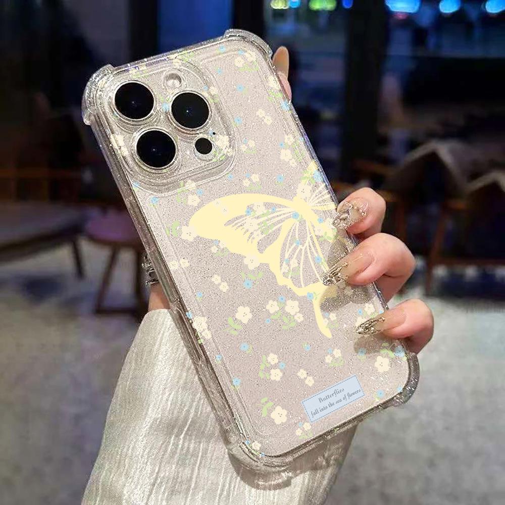 Sweet little floral butterfly for iPhone17ProMax glitter mobile phone case 15 Apple 13 all-inclusive 14 niche