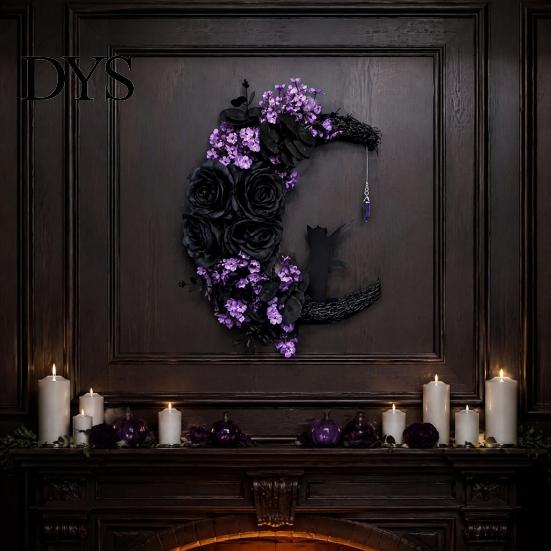 Halloween Moon Wreath Black Cat Wreath, Gothic Crescent Grapevine with Indoor Dark Theme Soft Furnishings Rose Flowers, Spooky Front Door Hanging