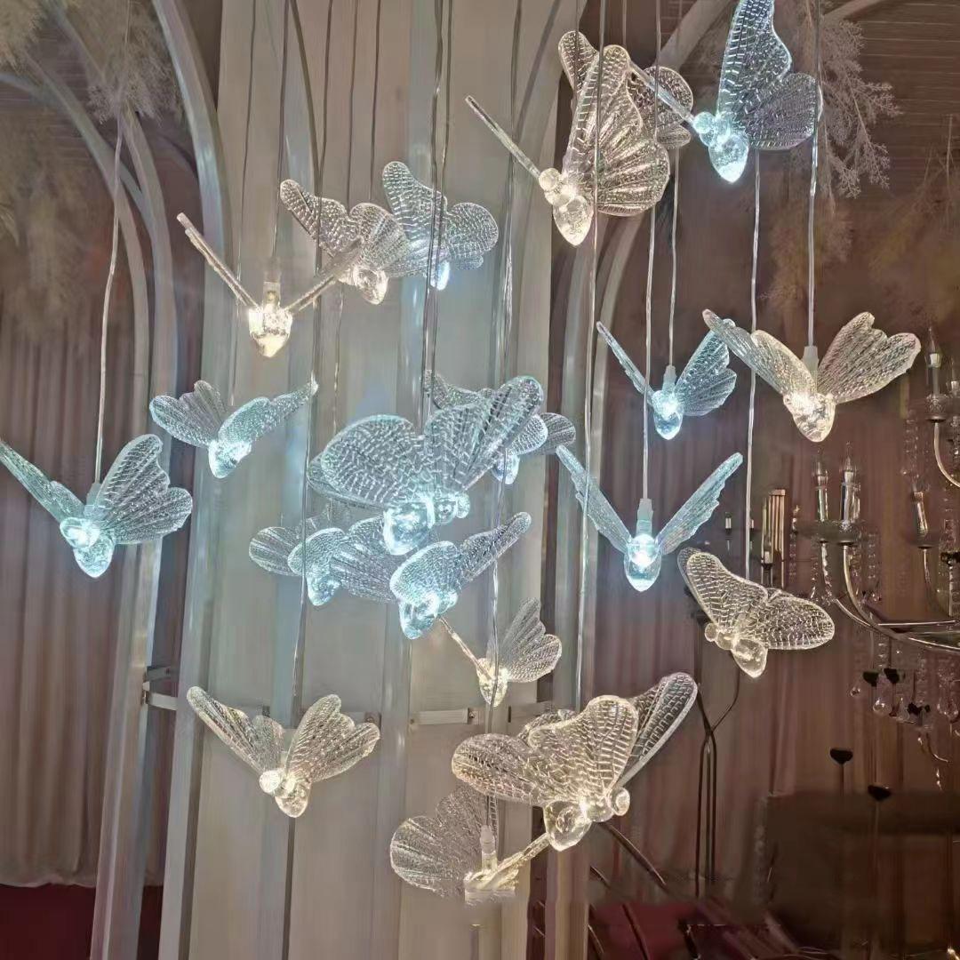 10-Head Wedding Props Crystal Luminous Butterflies Chandelier Light Detachable Hotel Stage Pendant Lamps Ceiling Hanging 10head