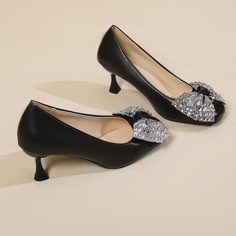 2025 New Women's Natural  Leather/sheepskin Sweet Bowtie Slip-on Pumps Elegant Ladies  Thin High Heel Daily Dress Shoes Woman