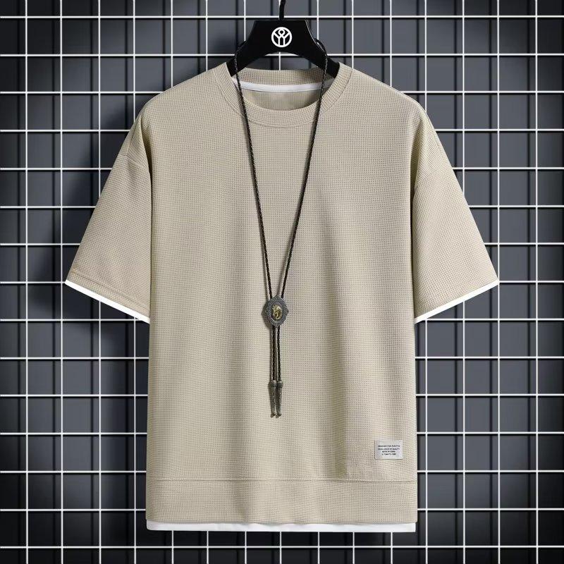 Little Clothing Waffle Round Neck Short Sleeve Men's Summer New Fake Two-piece Loose Ice Silk Thin Five-point Sleeve