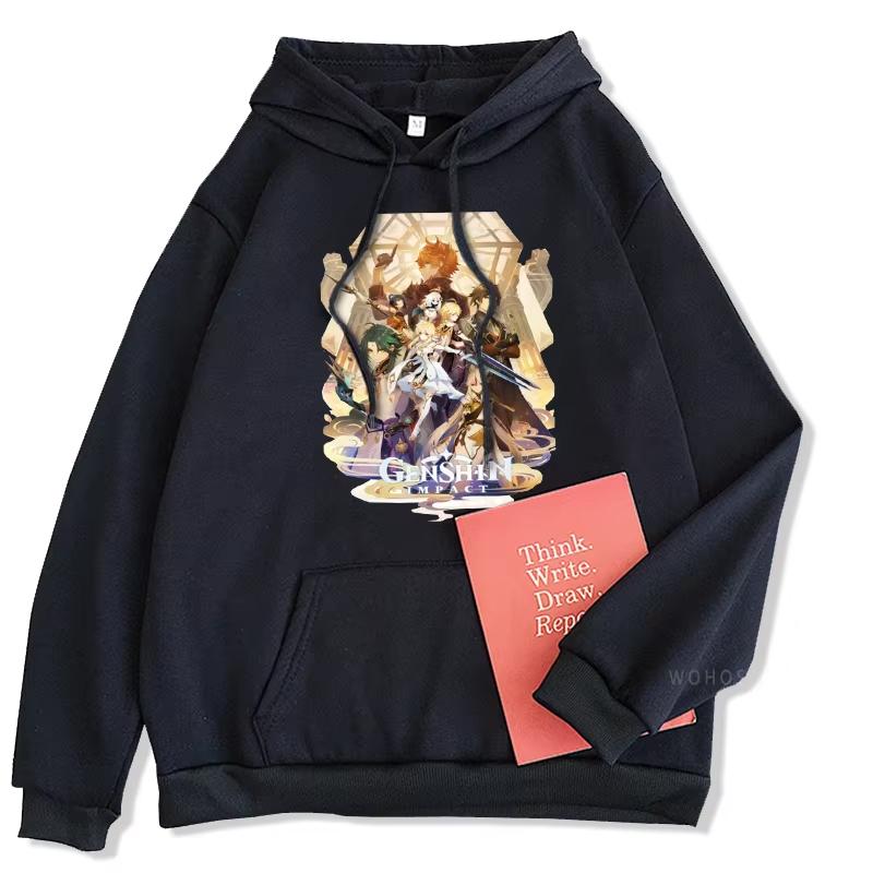 Anime Genshin Impact Hoodies Xiao/Zhong Li Friends Men Loose Pullover Casual Harajuku Streetwear Unisex Winter Black Sweatshirts