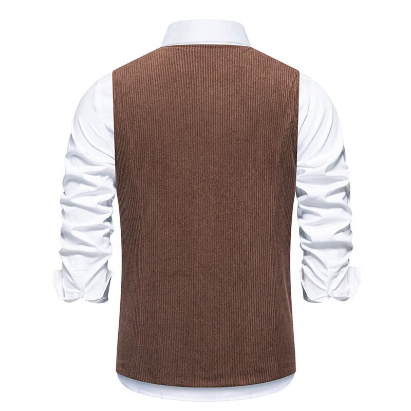 Cozy Up New Men's Corduroy Vest Fashion Retro V Neck Pockets Suit Vest Spring Autumn British Casual Vintage Gentleman Leisure Business