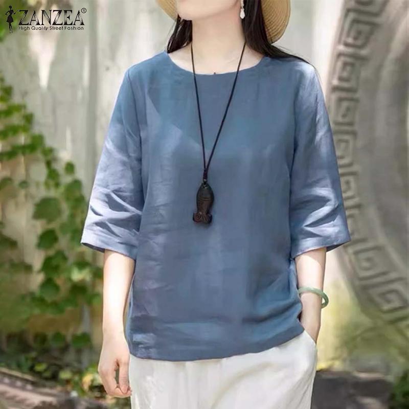 ZANZEA Damen Sommer Rundhals Halbarm Blusen