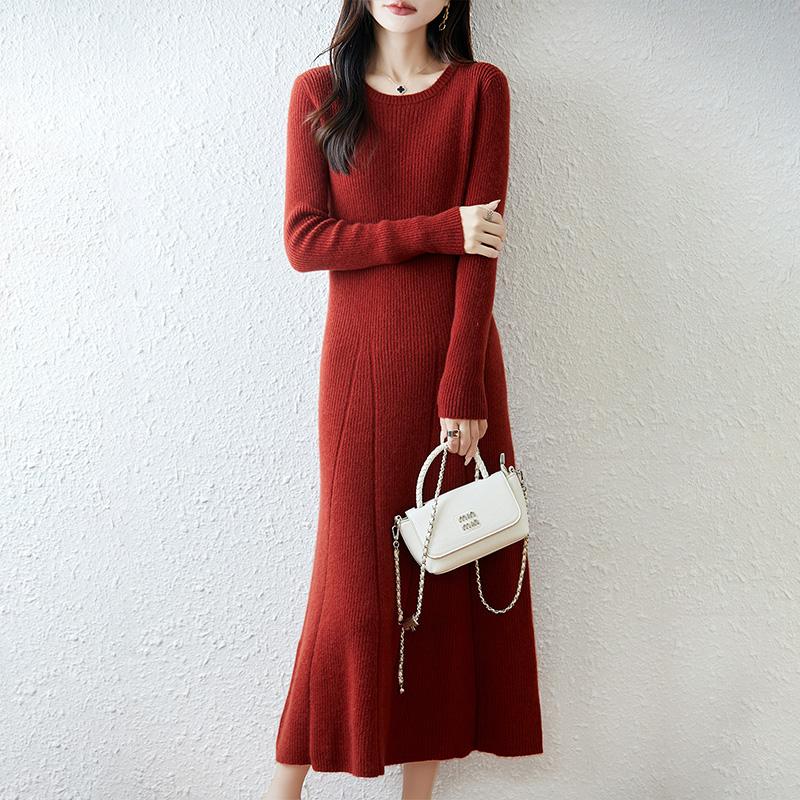 Women Sweater Dress 100% Wool MODERN NEW SAGA O-neck Knit Long Pullover Winter Jumpers Wool Long Dress Female