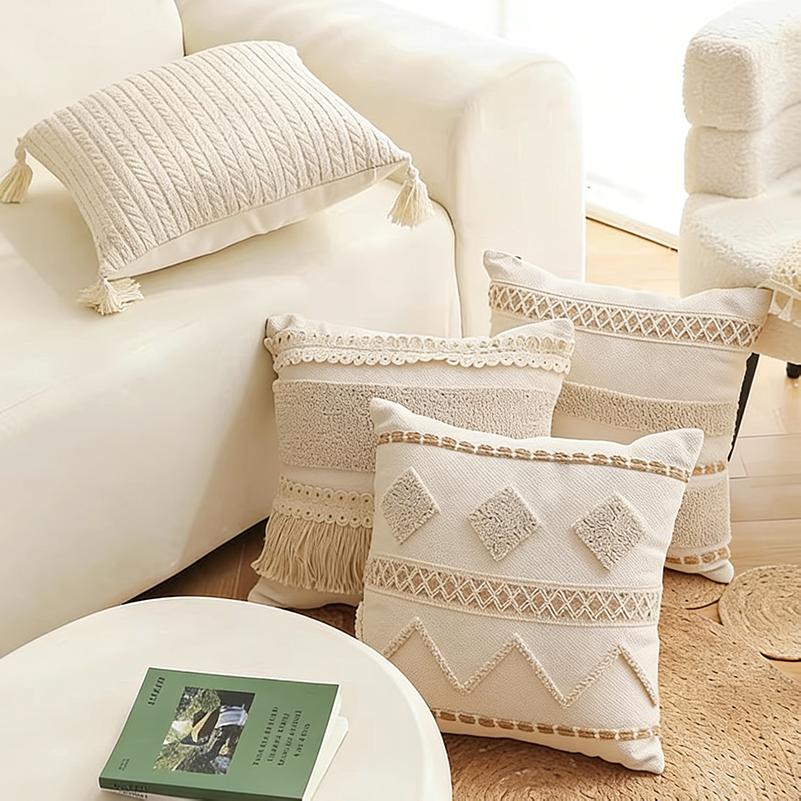 Bohemian Baumwoll-Leinen Bauernhaus Kissenbezug Webspitze Quaste Kissenhülle Bettkopf Sofa Kissenbezug Heimdekoration 45×45CM